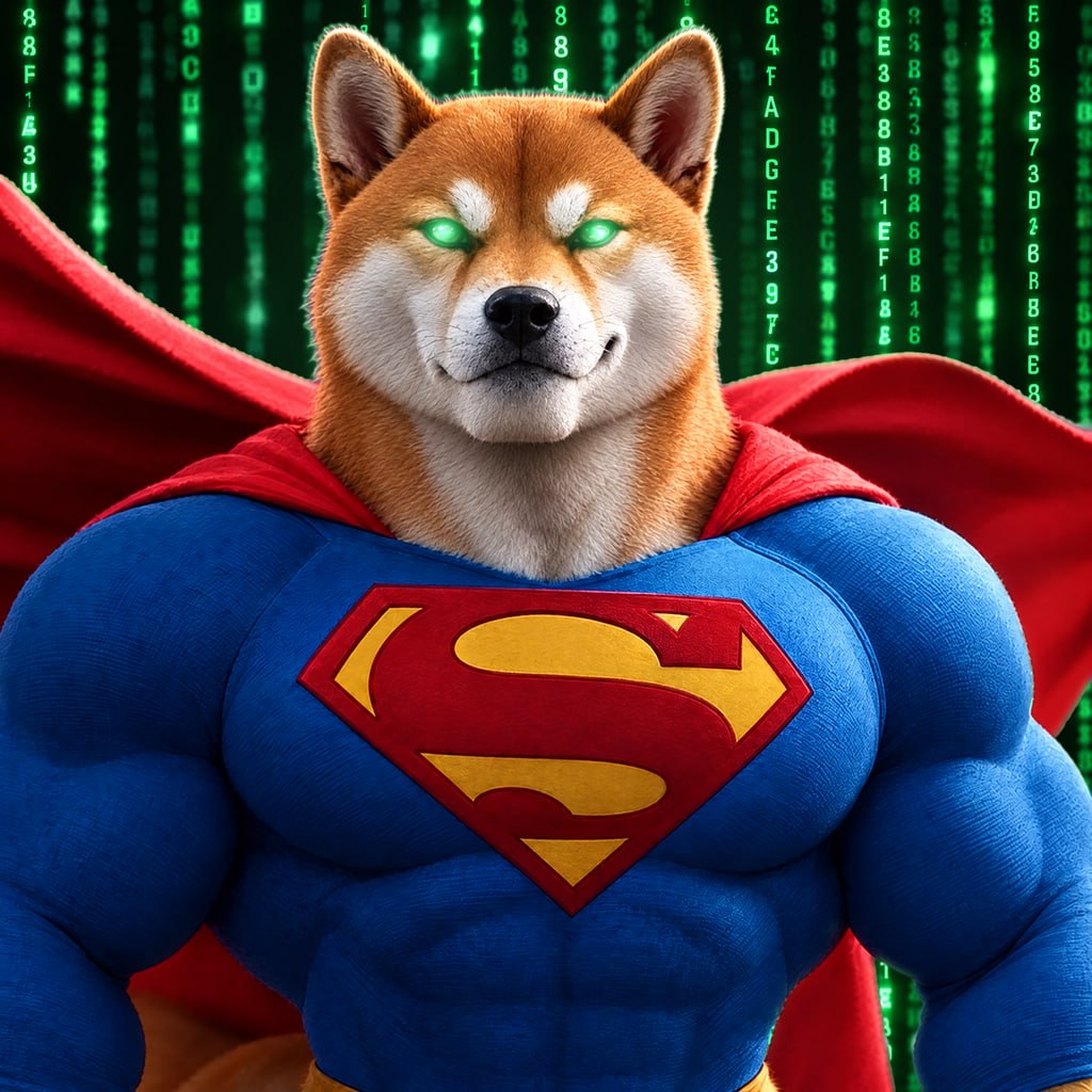 Superior INU, a Shiba superhero with glowing green eyes, a blue suit and a red cape against Matrix code